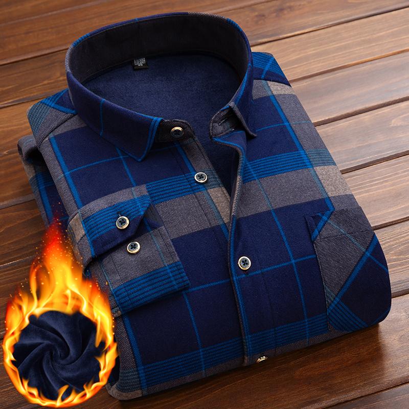 Winter Herrenhemd Kariert Flanell Dick Warm Langarm Fleece Herbst Kleid Flanell Formelles Hemd Mode Lässig Slim Fit Tasche