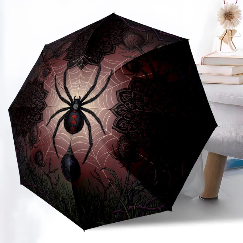 1pc Sturdy 8-Bone Auto Umbrella, Dark Gothic Spider Web Blooms Umbrella, Digital Printed, Foldable Umbrella for On-the-Go Outdoor Use