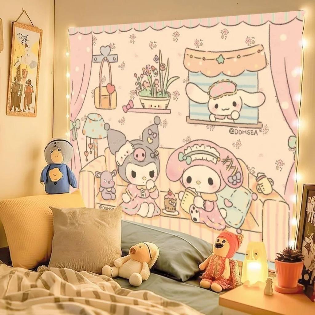 Cute Cartoon Character Tapestry - Kawaii Bow Print Wall Hanging For Girls Bedroom Dorm Decor