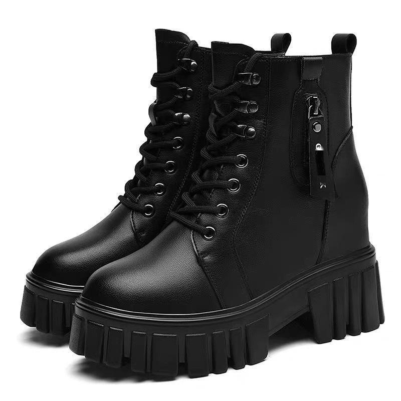 Lace-up Soft Leather Martin Boots Autumn and Winter New Single Boots Heightening British Boots Thick-soled Velvet Short Boots