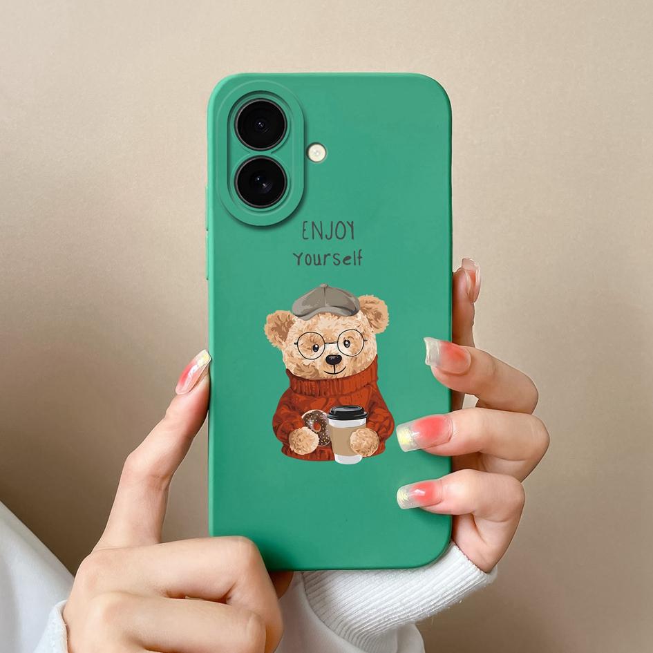 Cases For Apple iPhone 16 Pro Max 16plus Lovely Bear Cartoon Pattern Soft Liquid Silicone Painted Anti Drop Camera Protection Housing For iPhone Capas