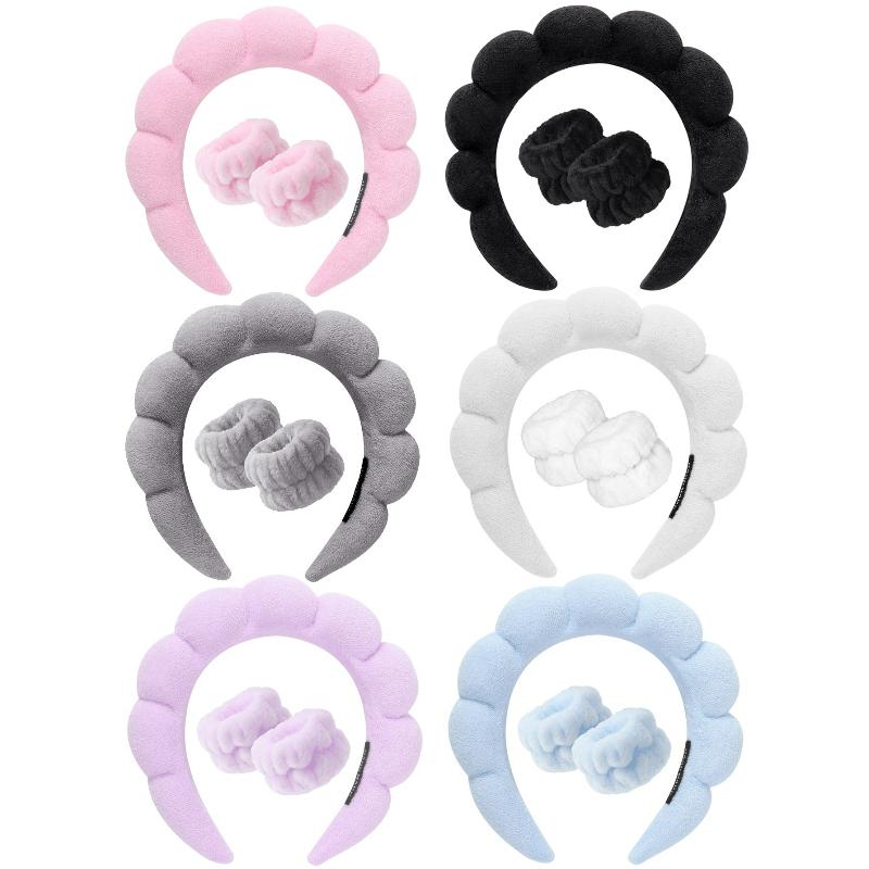 Szwatch Women's Grey 3Pcs/Set Facial Headband And Wristbands Spa Headband, Makeup Headband, Facial Headband, Skincare Headband, Pink Velvet Fluffy Sponge Headband