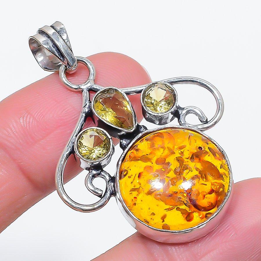 Natural Baltic Amber, Citrine 925 Sterling Silver Jewelry Pendant 1.85" c9s60