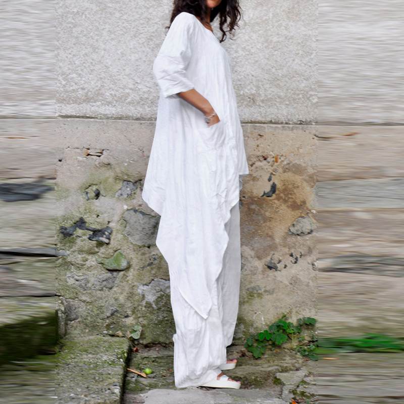 DAFIFY Women's Fashion Casual Summer Spring Solid Color Print Short Sleeve O-Neck Trousers Pants Suits