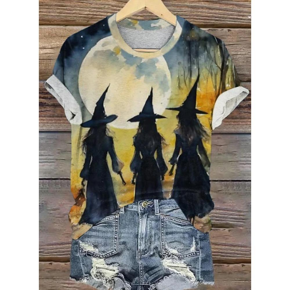 Fashion Women Retro Creative Witch Print T Shirt Funny Casual O-neck Short Sleeves T-shirt Summer Female Tee Shirt Halloween Limited Edition
