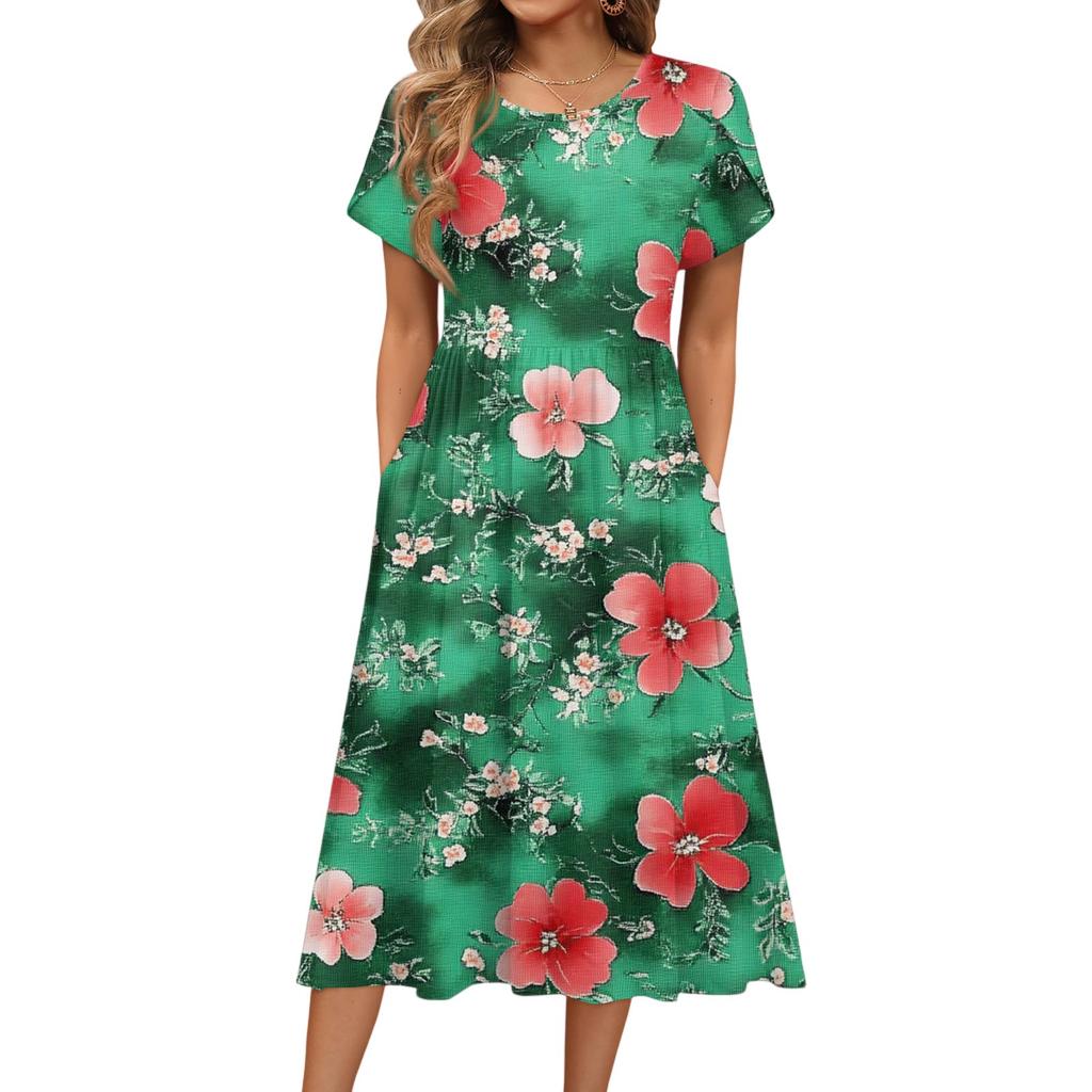 Damenmode Sommer Rundhals Kurzarm Blumendruck Strandkleider