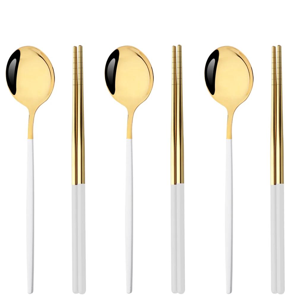 6Pcs High Quality Dinnerware Set Stainless Steel Flatware Set Mirror Kitchen Tableware Gold Dinner Spoon Chopsticks Cutlery Set
