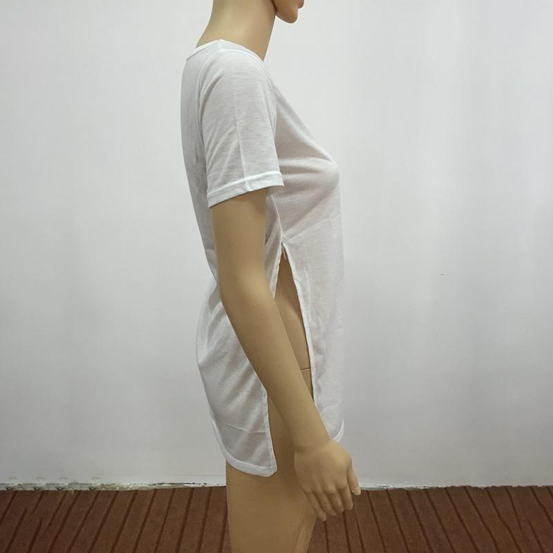 Women's Premium Quality Long T-shirt Round Neck Short Sleeve Split Tops Casual Dress