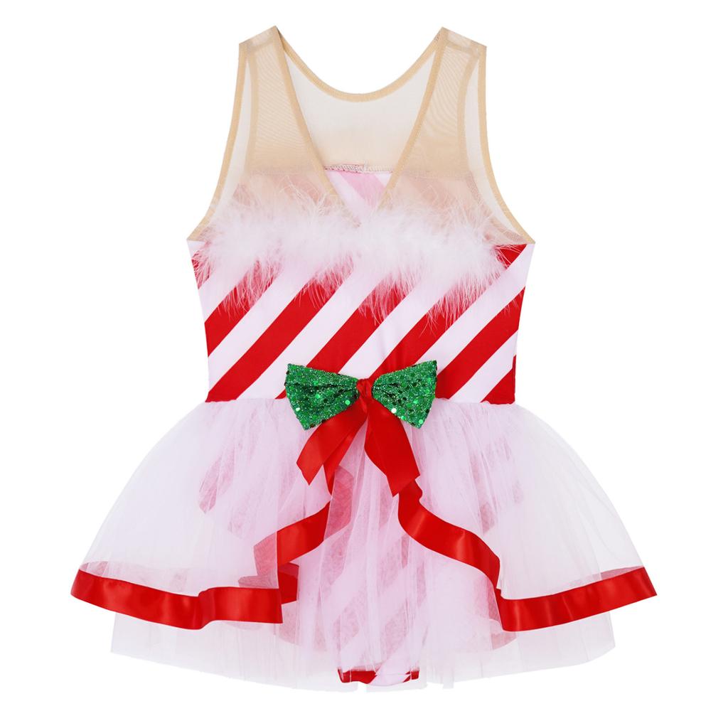 Kids Girls Sleeveless Striped Christmas Party Costume Figure Ice Skating Ballet Dance Leotard Tutu Dress