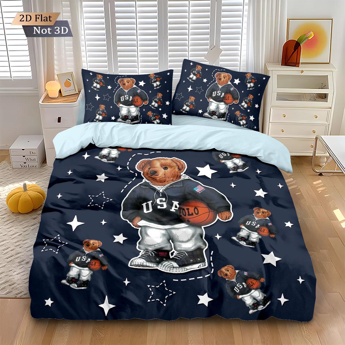 

3pcs Cute Doll Bear Printed Core free Down Duvet Cover Set, Multi Size Bedding Decoration Bedrooms Dormitories Machine Washable 135x200cm-EU-Single&set