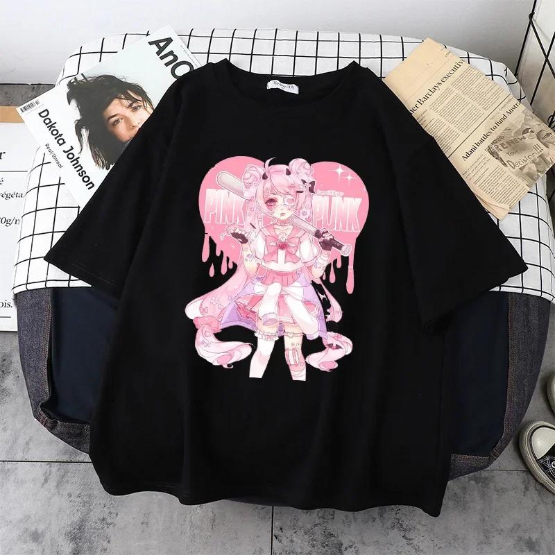 Women Oversized T-shirt Kawaii Goth Harajuku Music Girl Print Black Crop Short Sleeve Top Female T-shirts Y2k Mujer Grunge Kpop
