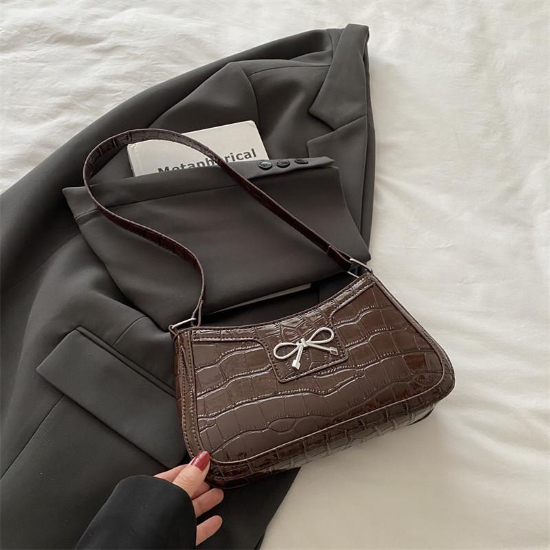 Color Simple Solid Bow Decoration Crocodile Texture Women Casual Shoulder Bag