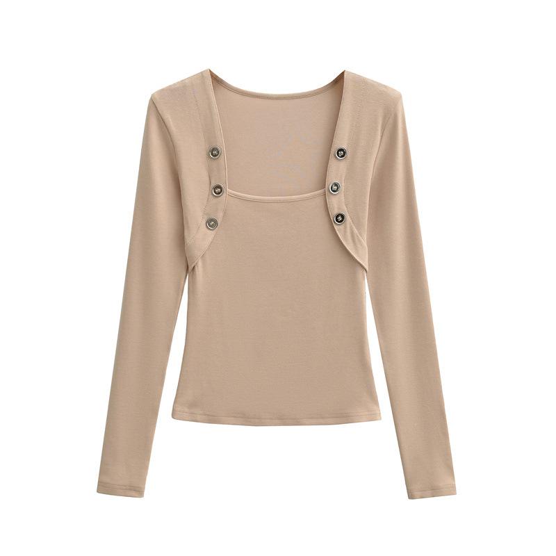 Pure Desire Style Fake Two-Piece Off-Shoulder Imitation Cashmere Square Neck Long-Sleeve Slim Fit Women's Top