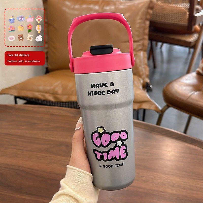 Large Capacity Thermos Cup for Women, New 2024 Model, Stylish Student Straw Cup, Dual-Use Coffee Cup, Portable