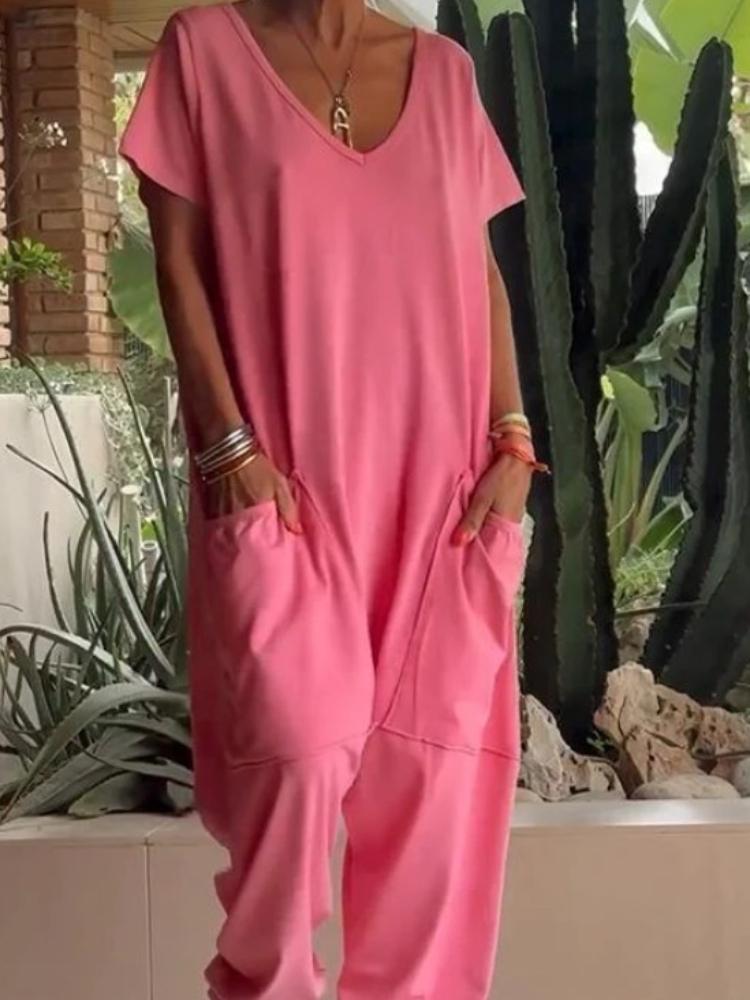 Summer Women's Jumpsuit, Solid-color V-neck, Oversized Pocket, Low-end One-piece Pants
