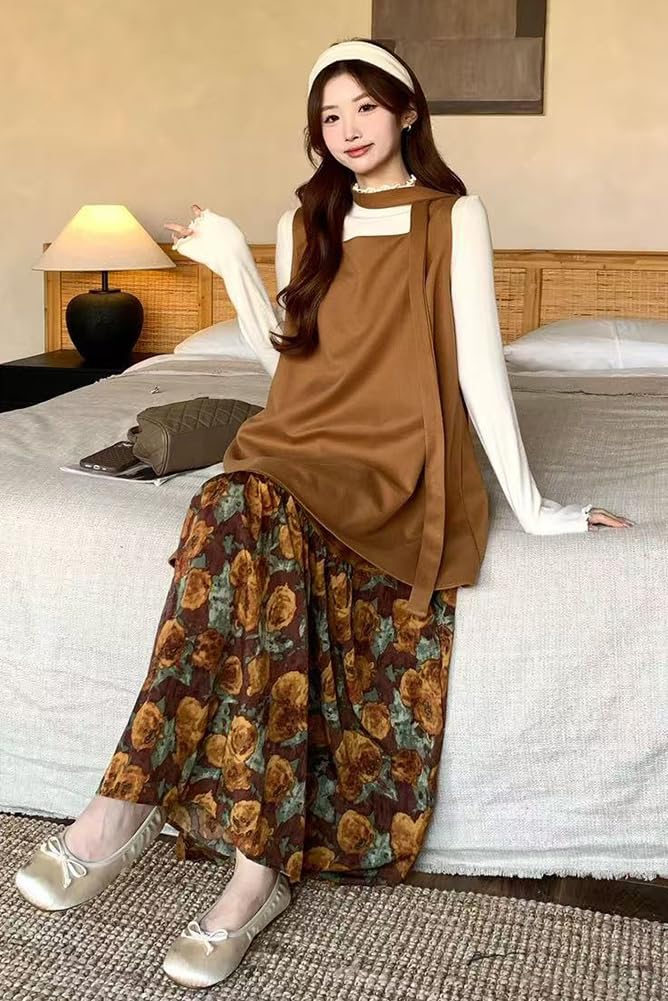 Chubikime Long Dress with Floral Faux Layered Loose and Ribbon Stylish and Feminine for and Women's Two-Piece Print, Design, A-Line, Fit, Detail.