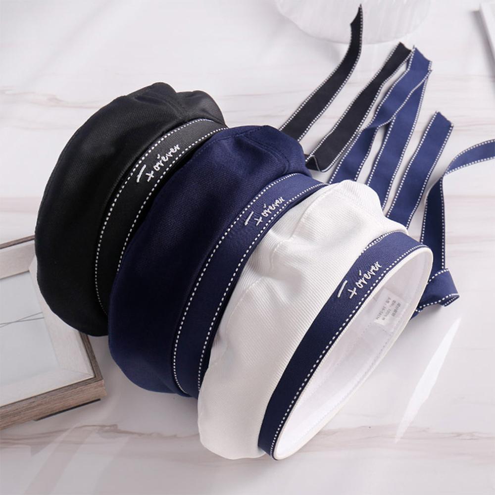 Japanese School Style Fashion Ribbon Octagonal Cap Women Letter Embroidery White Beret Hat Bowknot Tie Uniform Hat Sailor Hat