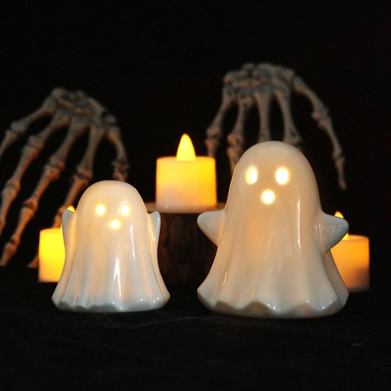 2Pcs Halloween Ceramic Ghostly Figurines With Soft Glows Night Light Handcrafted Holiday Decoration for Bedroom Party Decoration Collectibles