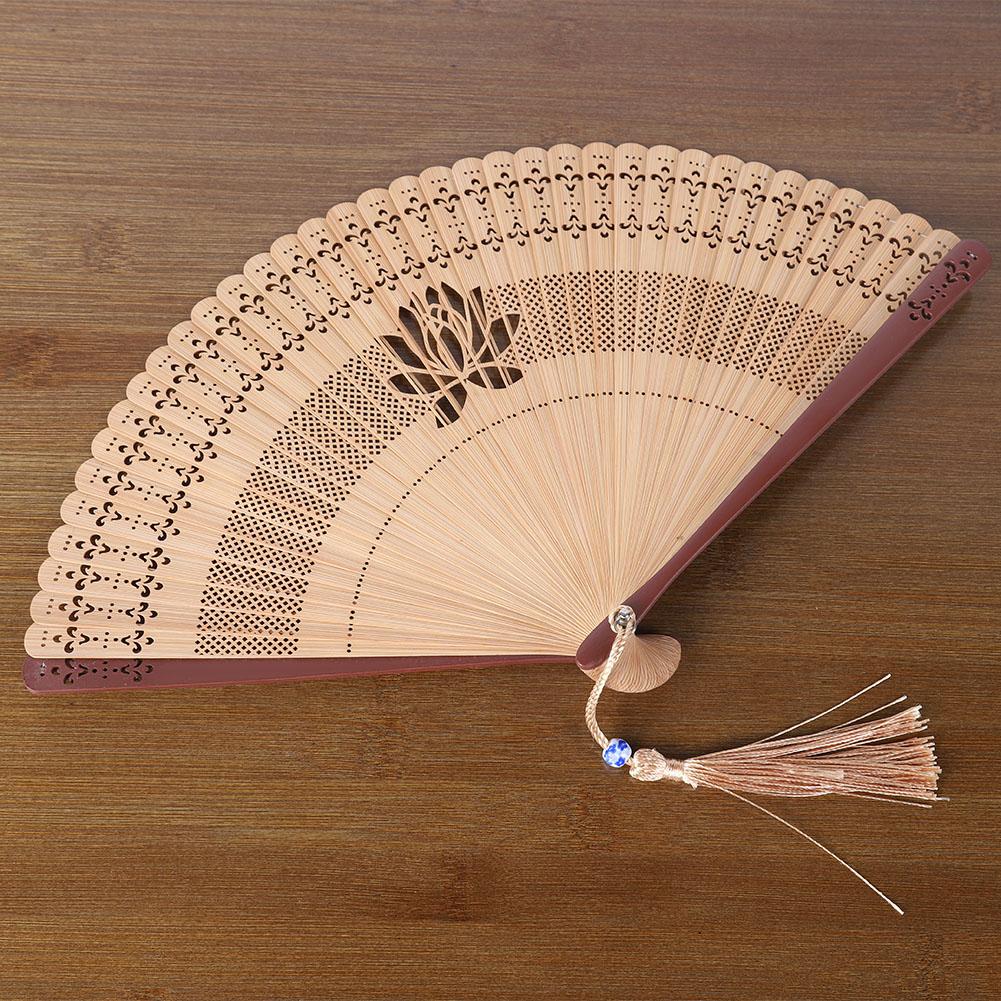 Folding Bamboo Hollow Hand Tassels Fan Summer Hot Day Cooling Tool DecorationBrown