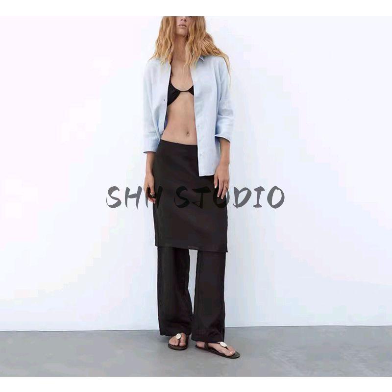 Women's Spring Clothing French Style Design Lapel Asymmetric Hem Linen Blended Shirt 4786126