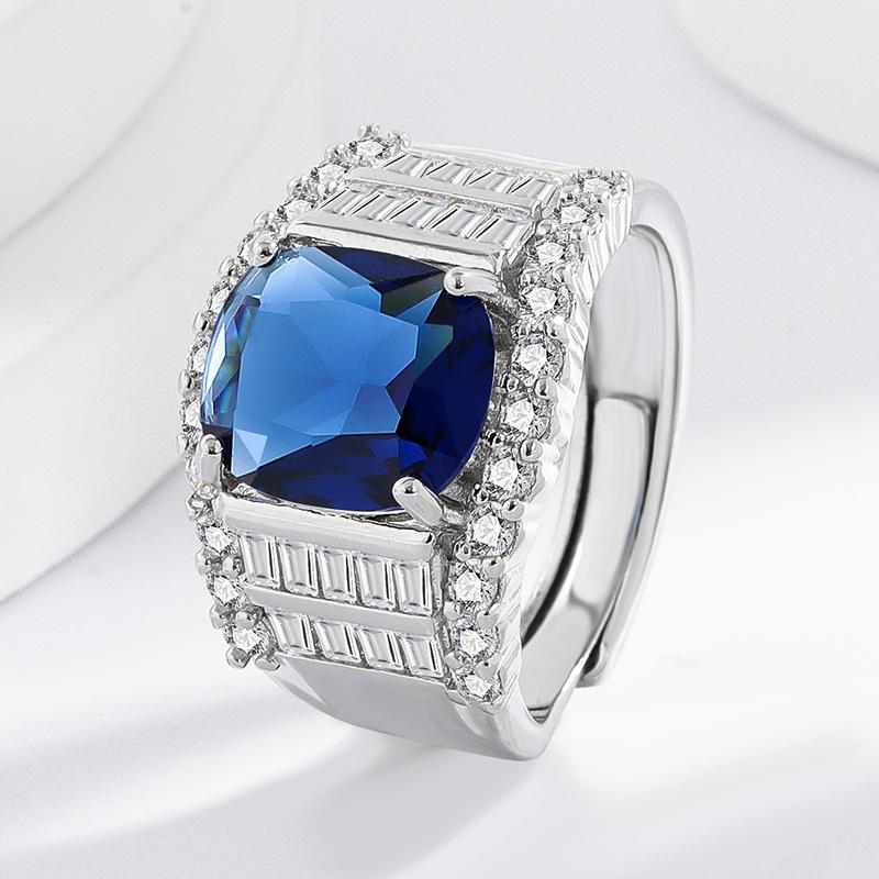 Domineering Micro-set Diamond Men s Ring Imitation Natural Sapphire Ring Men s Ring Strength Silver Jewelry Size:Adjustable
