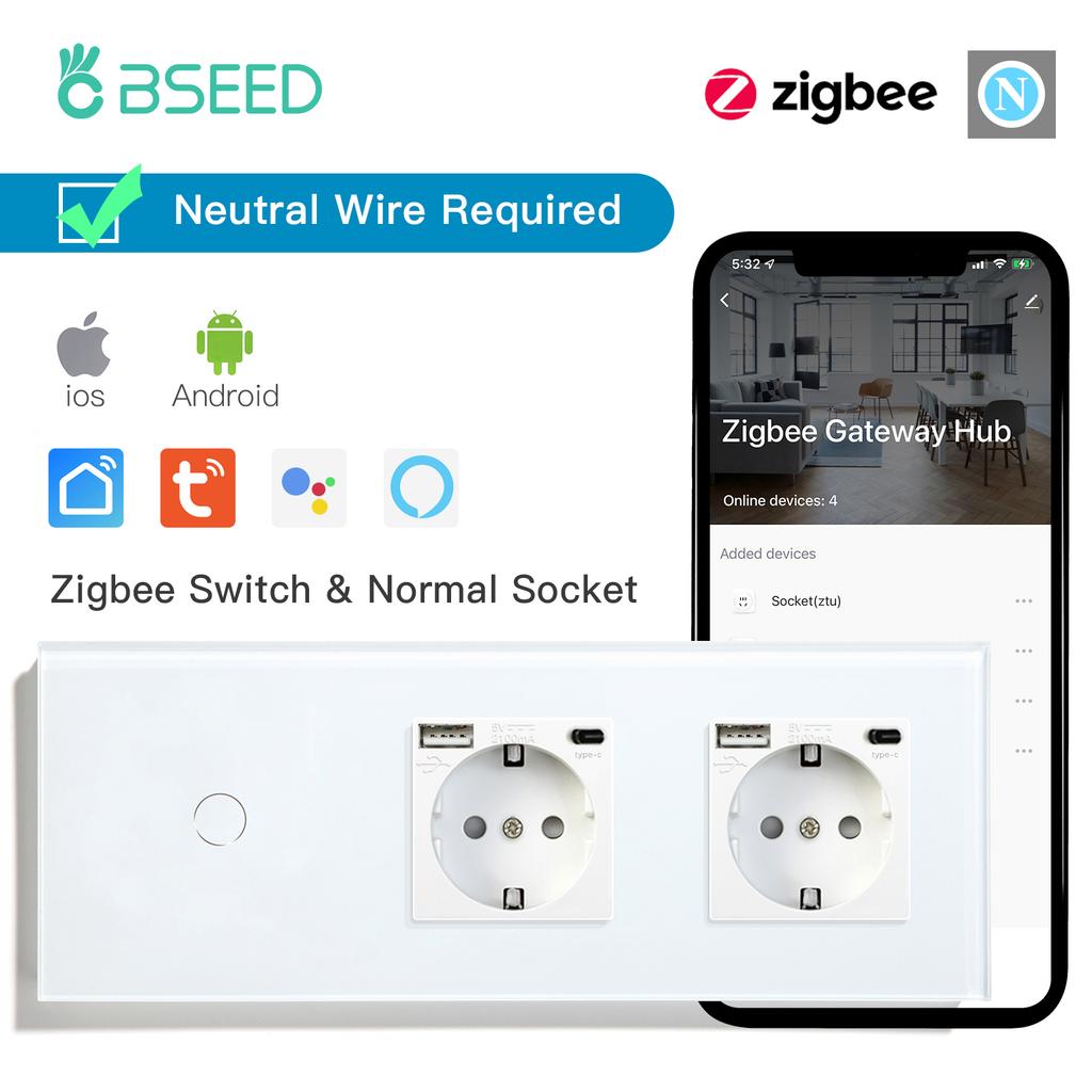 BSEED Zigbee 1Gang Light Switches 1/2/3Way Tuya Smart Life App Control Plus EU Socket USB Type-c Power Outlets Glass Panels