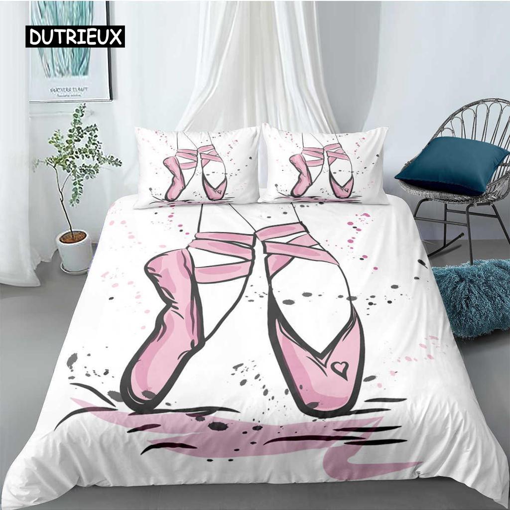 Ballet Duvet Cover Set King Microfiber Ballet Accessory Shoes Dress Bedding Set for Girls Rose Leaves Summer Style Quilt Cover