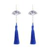 Silver Needle Chinese Ink Painting Fan Tassel Earrings for Hanfu Qipao, Handmade National Style Jewelry