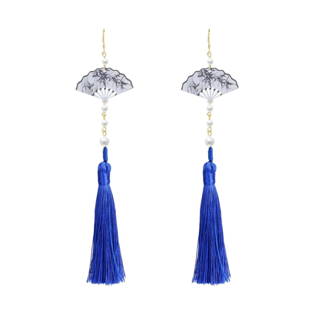 Silver Needle Chinese Ink Painting Fan Tassel Earrings for Hanfu Qipao, Handmade National Style Jewelry