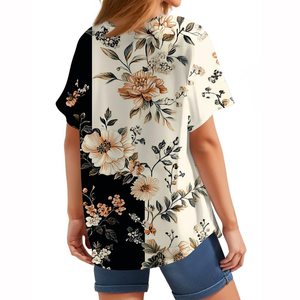 Women's Fashion Casual Short Sleeve Print Round Neck Pullover Top Blouse