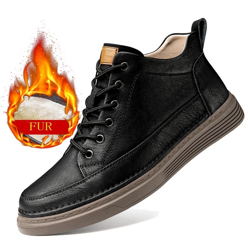 New Winter Boots Fur Genuine Leather Ankle Boots Plus Velvet Black High Top Shoes Outdoor Sneakers Oxford Thick Sole Snow Boots