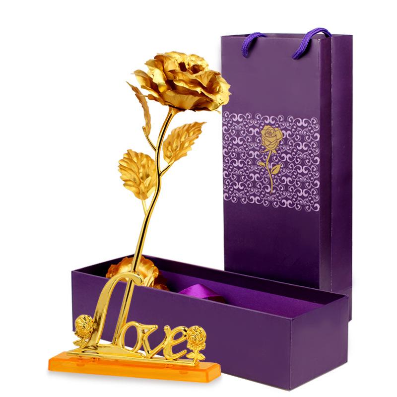 Gold Rose 24K Gold Leaf Rose Simulation Bouquet Creative Christmas Valentine's Day Birthday Gift Factory Wholesale Purple Flower + Purple Box Set