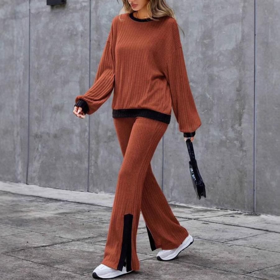 Women's Ribbed Knit Set Long Sleeve Top and Wide Leg Pants with Black Contrast Trim In Beige