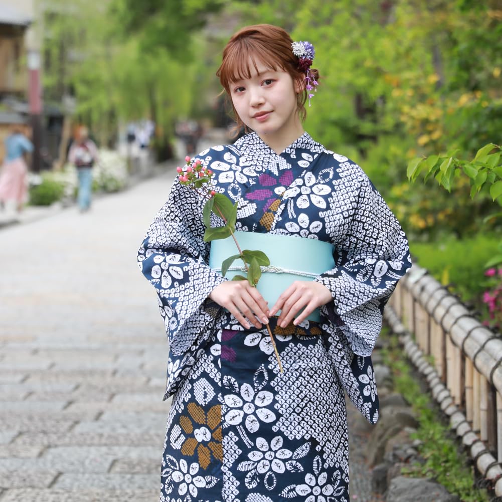 yukata comfortable yukata set with unique weave blue with pattern and sizes Plus-size set, fit, 3-piece (navy tie-dye tie-dye flowers, 4L-5L)