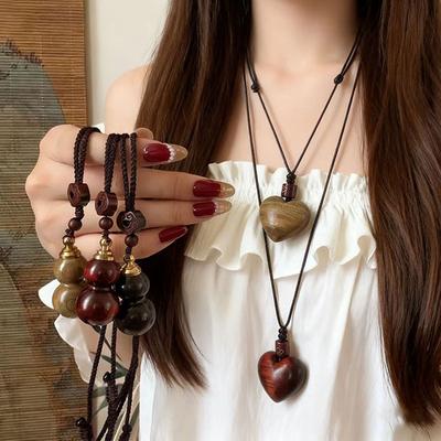 New Chinese Gourd Heart Can Be Opened Wood Pendant Necklace Women'S Retro Ethnic Style Woven Rope Long Sweater Chain