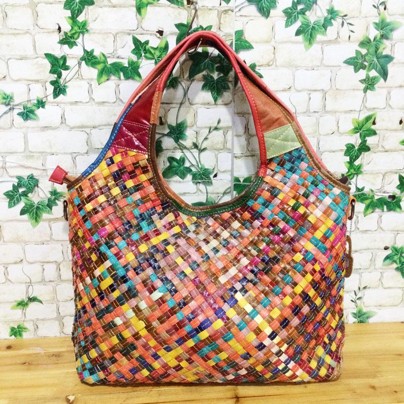 Genuine Leather Cowhide Bag, Colorful Striped Woven Bag, Portable Shoulder Messenger Women'S Bag, Straw Woven Women'S Bag