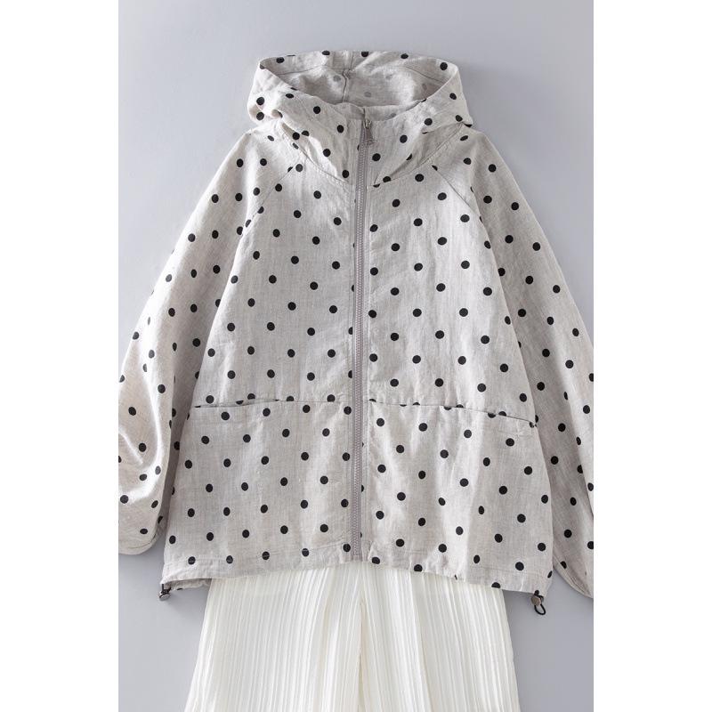 

2026 Spring Linen Polka Dot Hooded Zipper Sweatshirt Jacket for Women XL
