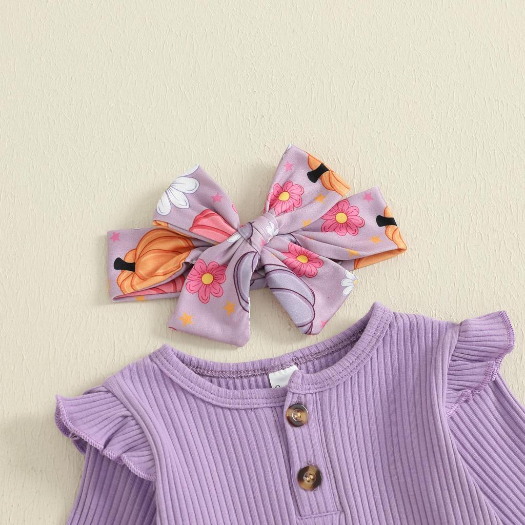 Baby Girl Halloween Flutter Sleeve Romper with Ghost/Pumpkin Pants & Headband - 3 Piece Set