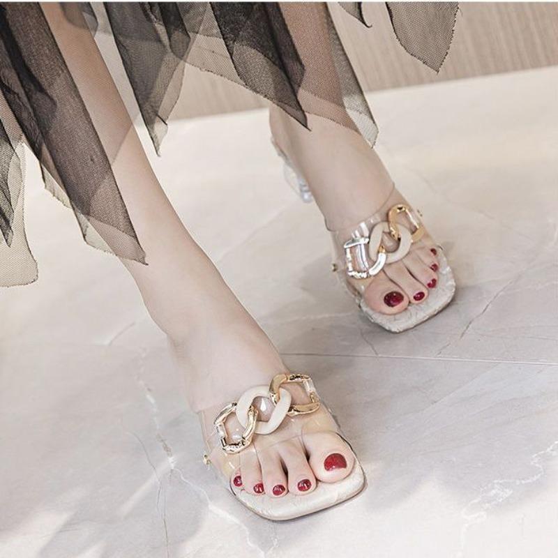 Women's Slippers and Ladies Sandals Square Toe Medium Heel Shoes New Collection Fashion Slides High Quality Original Vip 39 Shoe