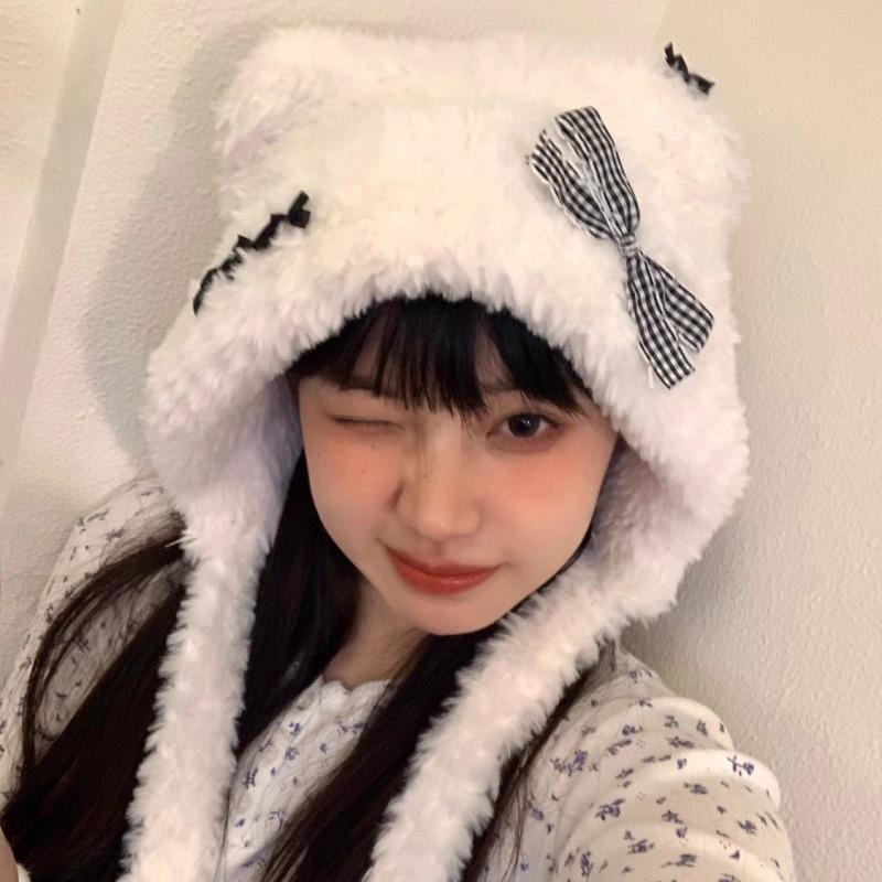 Bonnet d'hiver plus polaire mignon ours en peluche chaud bonnet d'oreille chapeau tricolore pour filles