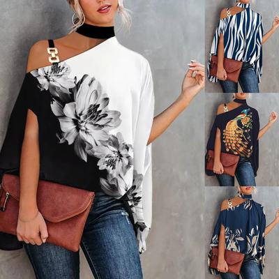 Bluză de vară, modă, imprimeu pentru femei, cu gât înclinat, cu umeri, mini cămașă boho lejeră pentru femei, îmbrăcăminte de stradă pentru femei