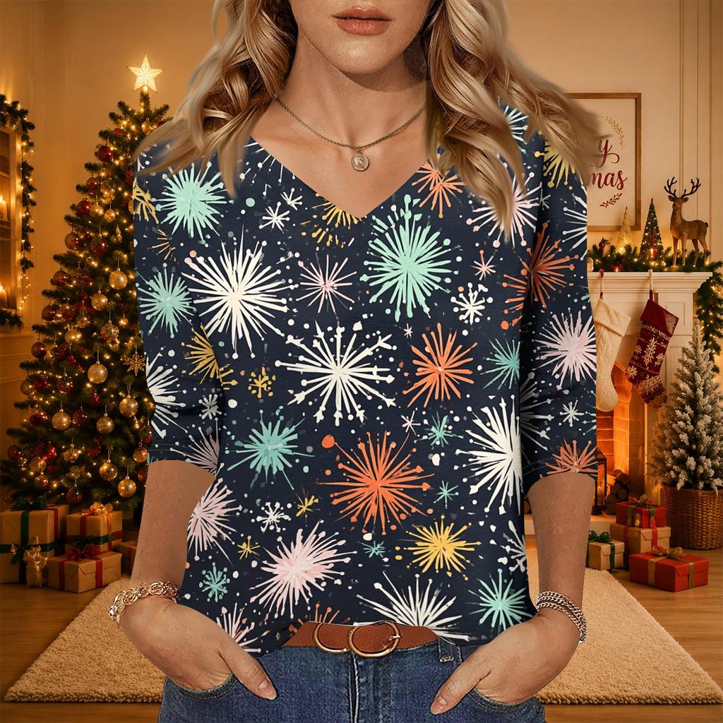 Women's Christmas Print V-Neck Three-Quarter Sleeve Casual Loose Fit Shirt