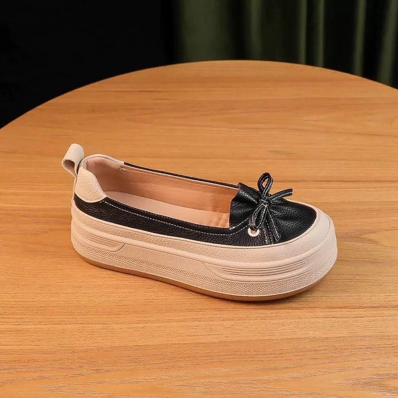 Móda 2024 Jarní a podzimní nová módní kožená obuv s kulatou mašlí a barevnými bloky na obličej, silná podrážka, pohodlné jednoduché boty pro ženy