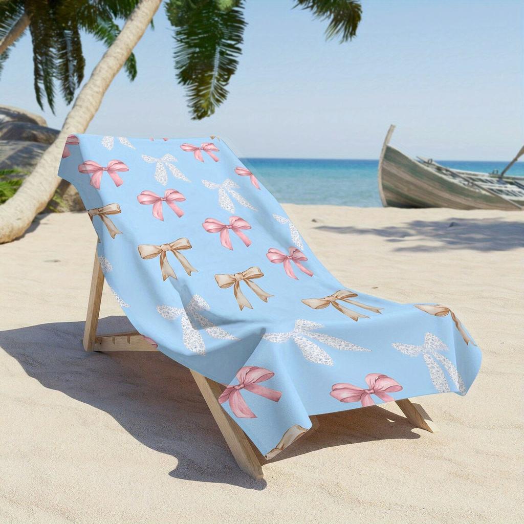 Microfiber Bath Towel with Pink Bow Design Lightweight Quick-Dry for Beach Pool Camping Picnics Contemporary Style