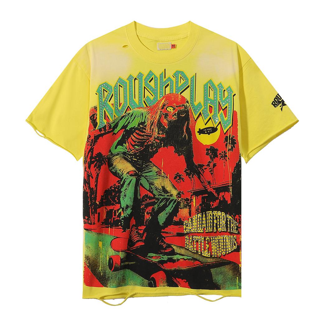 Skateboard Skeleton Print Hot Stamping, Water Washing, Hole Breaking, Making Old Short Sleeved T-shirt for Men and Women