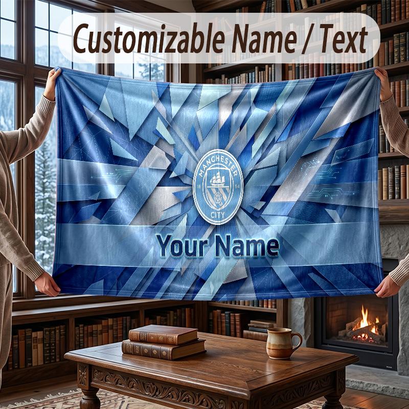 Custom Name Flannel Throw Blanket Manchester City Pattern Warm Home Decoration