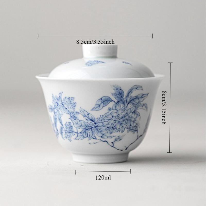 Antique Blue White Porcelain Gaiwan Hand Painted Jasmine Flower Ceramic Chinese Gongfu Tea Set Home Brewing Lidded Tea Bowl