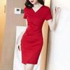 Sommer Damen Raffung Bodycon Kleid Kurzer Ärmel V-Ausschnitt Enganliegend Hohe Taille Mini Kurz Einteiler Freizeitkleid
