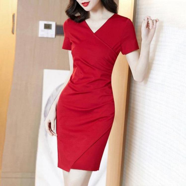 Sommer Damen Raffung Bodycon Kleid Kurzer Ärmel V-Ausschnitt Enganliegend Hohe Taille Mini Kurz Einteiler Freizeitkleid