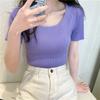 New Summer Round Neck Knitted Short Sleeve T-shirt Women Slim Fit Elastic Solid Casual Women's T Shirts Tops Fashion Elegant Simple Female Tee 26319